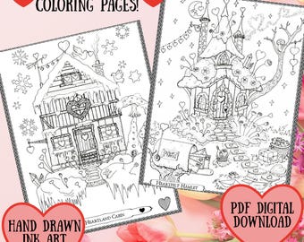 2 Valentines Coloring Pages Hand Drawn Whimsical Fairy and Gnome Houses, Mystical Lands Art by Karen E. Myers