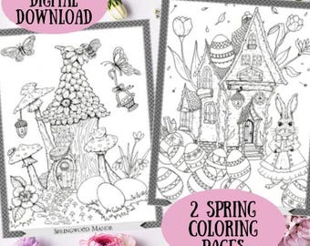 2 Spring Easter Coloring Pages Hand Drawn Art by Karen E. Myers Bunnies Eggs Flowers Fairy Houses PDF Digital Download for Relaxation NO AI