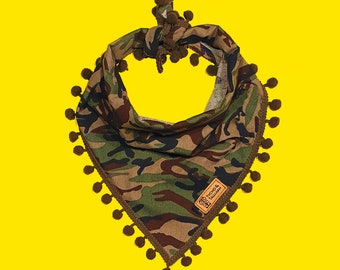 Dog Bandana, Army Green bandana with pom pom tassles