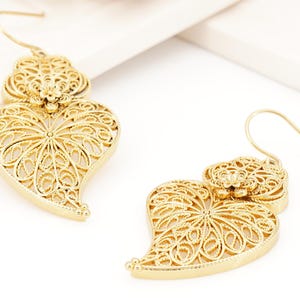 Portuguese Filigree Inspired LARGE Sized Traditional Viana Heart Earrings, Golden Stainless Steel, Portugal Fashion Jewelry