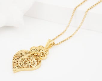 Portuguese Filigree Inspired MEDIUM Traditional Viana Heart in Necklace, Golden Stainless Steel, Portugal Fashion Jewelry