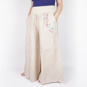 Wide Leg Pants Hand Embroidered, in Linen, Women, Soft Elastic Waist, One Size Fits All, Trousers, Pants, Viana