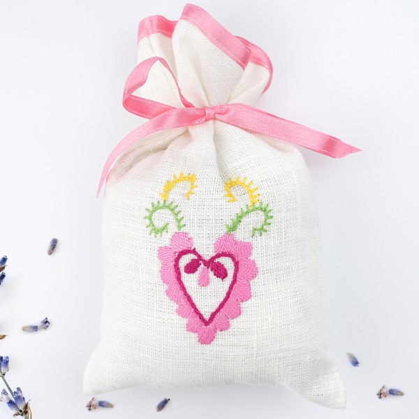 Lavender Small Bag Hand Embroidered, in Linen, Pink Ribbon, Viana do Castelo Embroidery