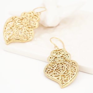 Portuguese Filigree Inspired LARGE Traditional Viana Heart Earrings, Golden Stainless Steel, Portugal Fashion Jewelry