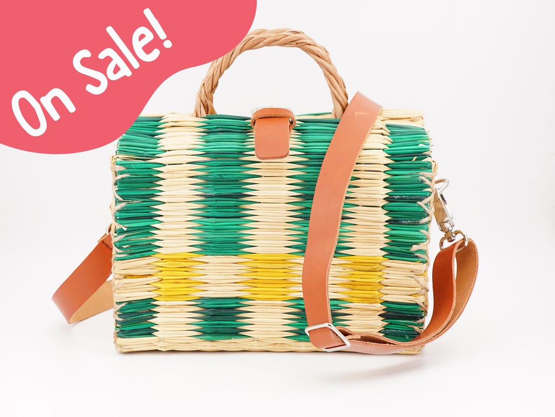 Basket Bag Organic Reed With Leather Shoulder Strap, MEDIUM Size ...