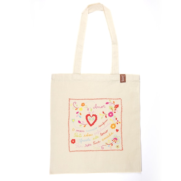 Tote Bag PRINTED Portuguese Love Kerchief Inspired, Long Handles, Saco de Alças, Lenço dos Namorados, Natural Color, Cotton, Canvas Tote