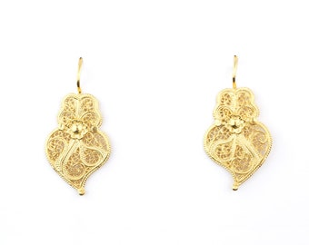 Portuguese Filigree EARRINGS XS size Minhoto Heart Viana Traditional Antique Portugal, 925 Sterling Silver with 24k Gold Bath