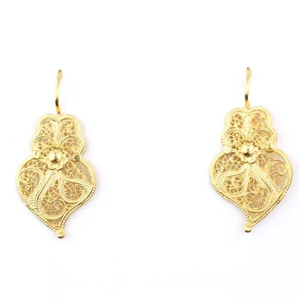 Portuguese Filigree EARRINGS XS size Minhoto Heart Viana Traditional Antique Portugal, 925 Sterling Silver with 24k Gold Bath