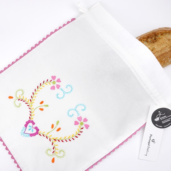 Bread Bag Hand Embroidered, in Cotton, Saco do Pão, Pink Ribbon, Viana do Castelo Embroidery