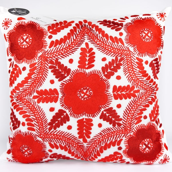 Cushion Cover Hand Embroidered, Decorative Pillow Cover, in Linen, Capa de Almofada, Red, Viana do Castelo Embroidery