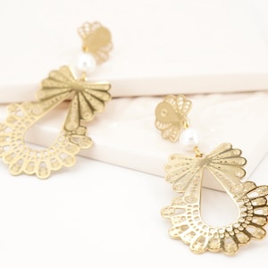 Portugese filigraan geïnspireerde grote oorbellen, goudkleurig roestvrij staal, Portugese mode sieraden