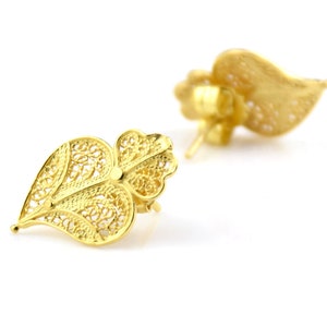 Portuguese Filigree EARRINGS Viana Heart studs Traditional Antique Portugal, 925 Sterling Silver w/ 24k Gold Bath