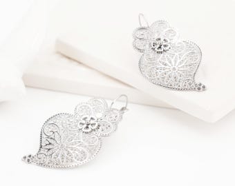 Portuguese Filigree Inspired Medium Sized Viana Heart Earrings, Stainless Steel, Portugal Fashion Jewelry