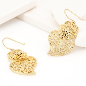 Portuguese Filigree Inspired MEDIUM Sized Traditional Viana Heart Earrings, Golden Stainless Steel, Portugal Fashion Jewelry