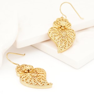 Portuguese Filigree Inspired MEDIUM Sized Traditional Viana Heart Earrings, Golden Stainless Steel, Portugal Fashion Jewelry