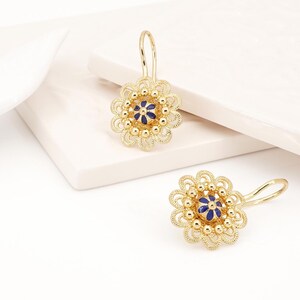 Portuguese Filigree Inspired Flower Earrings w/ Blue Details, Golden Stainless Steel, Portugal Fashion Jewelry