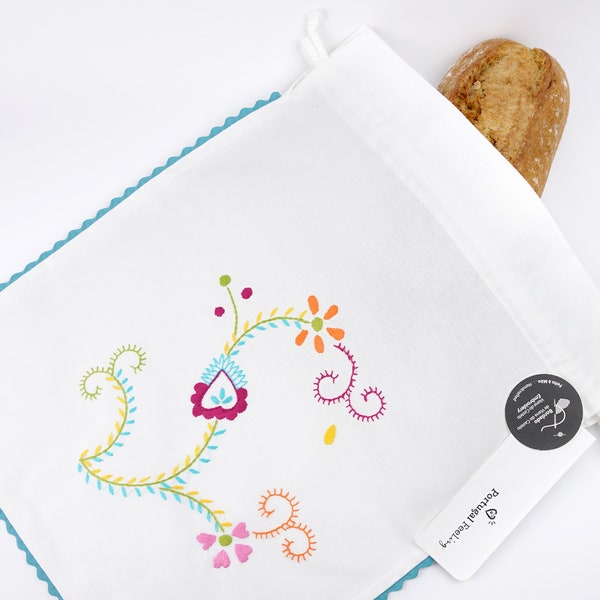 Bread Bag Hand Embroidered, in Cotton, Saco do Pão, Light Blue Ribbon, Viana do Castelo Embroidery