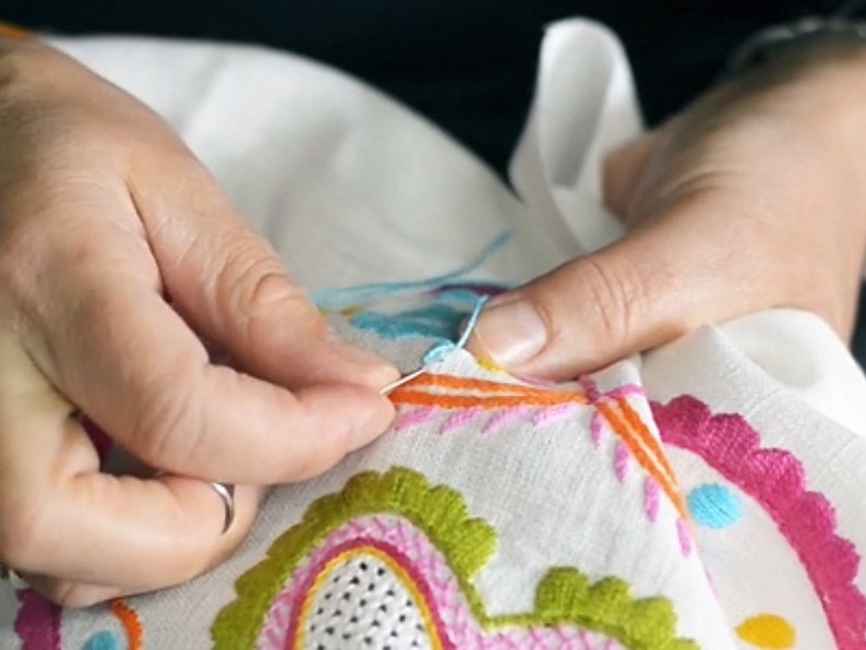 May include: Close-up of a person's hands embroidering a white fabric with colourful floral designs. The embroidery includes pink, green, orange, and blue thread.