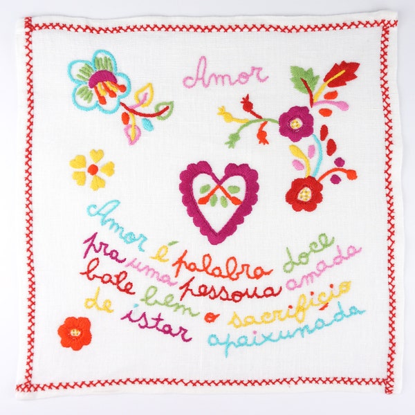 Portuguese Viana Linen Love Kerchief, Friendship Valentine, Lenço dos Namorados, Small Size, Design 01, Handmade Viana do Castelo Embroidery