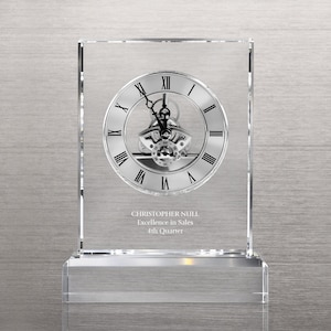 Executive Crystal Skeleton Clock - Silver - Award Trophy - Personalized Engraving Up to Four Lines - Gift Box Included