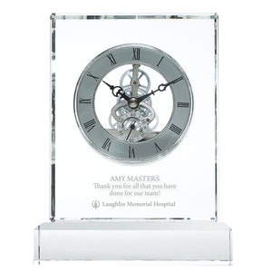 CUSTOM - Executive Crystal Skeleton Clock - Silver - Award Trophy - Personalized Engraving of 3 Lines and Add Your Logo - Includes Gift Box