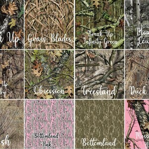May include: A grid of twelve camouflage patterns featuring various natural textures like leaves, branches, grass, and tree bark. Each square includes white cursive text labels: Break Up, Grass Blades, Break Up Infinity Green, Mountain Country, Break Up Country, Obsession, Treestand, Duck Blind, Brush, Bottomland Pink, Bottomland, and Mossy Oak Pink.