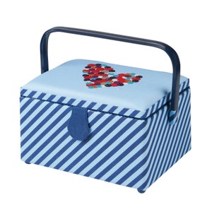 Medium Sewing Box with Compartments in a Striped Blue Fabric with an Embroidered Button Heart Lid. 18.5x26x15cm