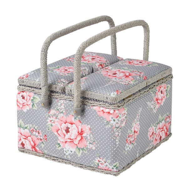 Extra Large Twin Lidded Beautiful Bloom Sewing Box, Pink on Grey Flowers Pattern Fabric, 25x25x17cm