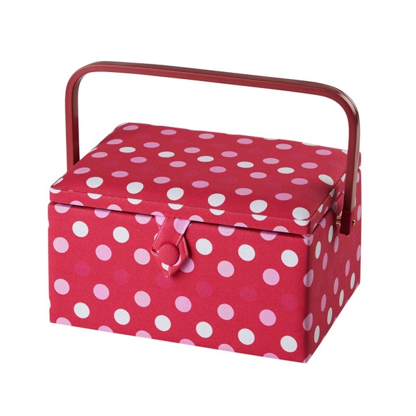 Medium Sewing Box with Compartments in a Red Spot Fabric. 18.5x26x15cm