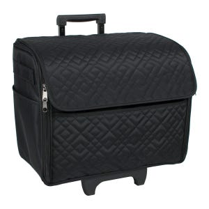May include: Black quilted rolling sewing machine case with a handle and two wheels.