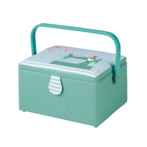 Medium Sewing Box with Compartments in a Navy Polka Dot Green Fabric with an Applique Sewing Machine and Pink Hearts Blue Striped Lid.
