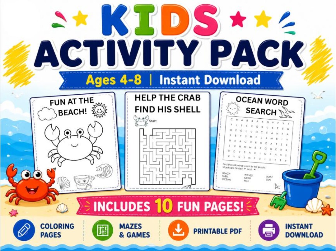 Kids Beach Activity Pack | Coloring Pages, Mazes, Games (ages 4-8