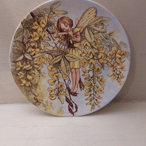 May include: A decorative plate with a fairy design, resting amongst yellow flowers and green leaves. The fairy has brown hair and wears a yellow dress. The plate has a light blue background and a floral design.