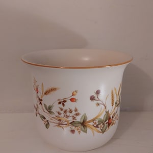May include: A white ceramic planter with a gold rim and a floral pattern featuring brown, green, and red accents. The planter is empty.