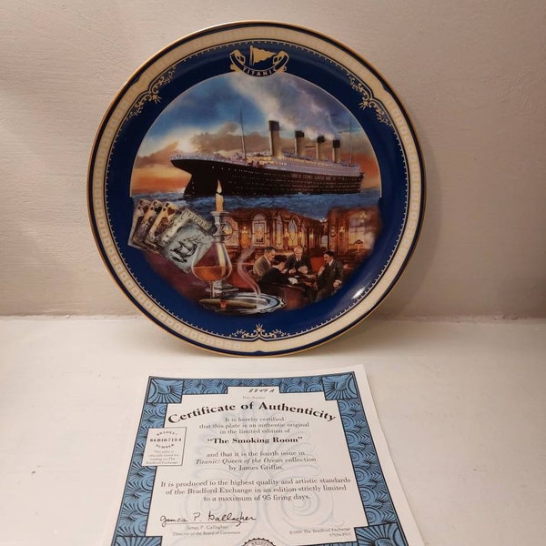 Vintage limited edition Bradford Exchange Titanic 8" Picture plate The Smoking Room with certificate.