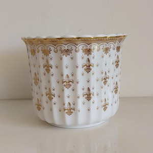 May include: White ceramic planter with a gold fleur-de-lis pattern.