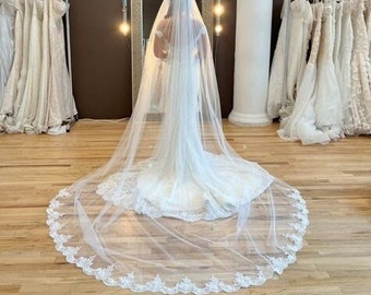 Long Cathedral Chapel Length Extra Wide Wedding Veil with Lace on Train | VG2006W