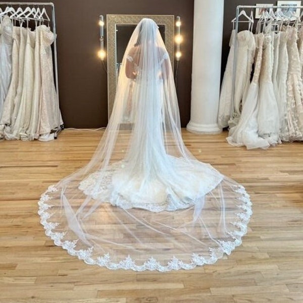 Long Cathedral Chapel Length Extra Wide Wedding Veil with Lace on Train | VG2006W