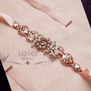 Rose Gold Crystal Rhinestone Tie On Sash For Wedding Dress | BT2014
