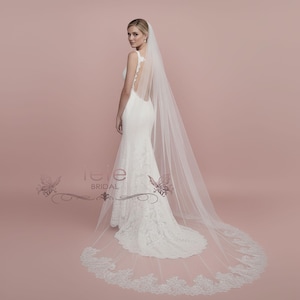 Long Cathedral Length Lace Wedding Veil with Lace on the train | 1064