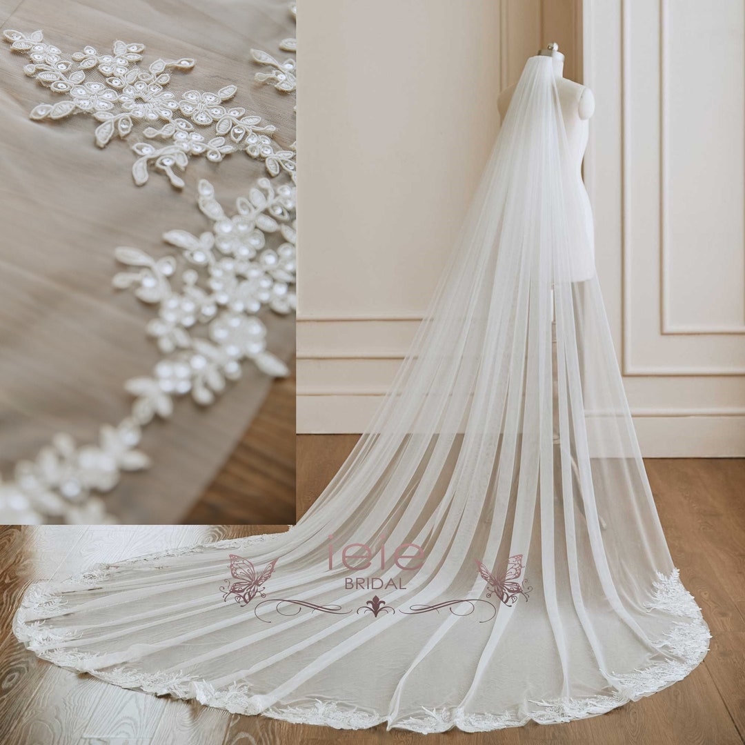 Lace Wedding Veil Cathedral Length Bridal Veil with Sequins Vintage Lace Veil