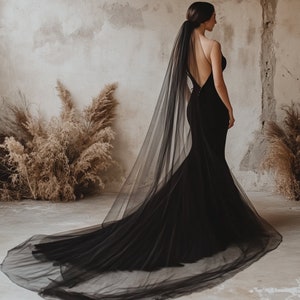 Long Chapel and Cathedral Length Black Soft French Tulle Wedding Veil, Simple Black Bridal Veil 1030