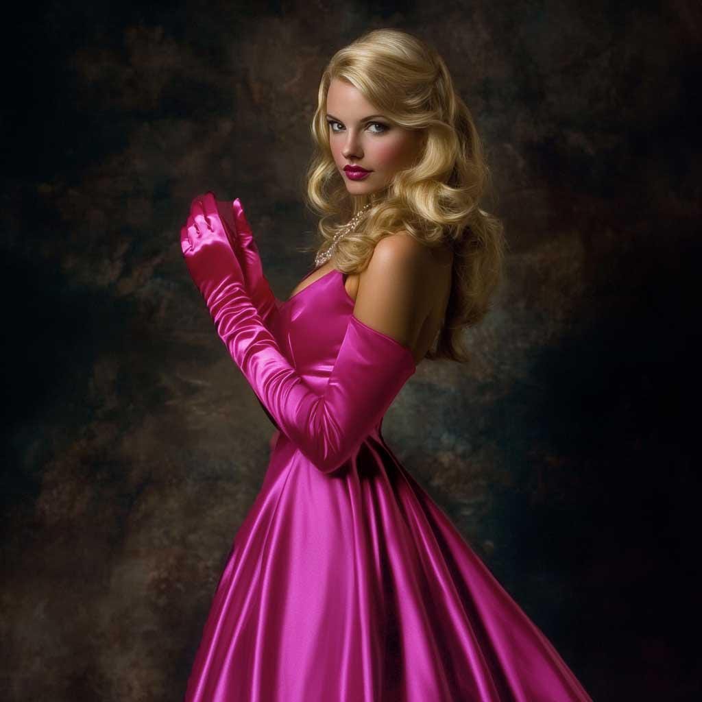 hot pink dress with gloves Long Satin Gloves, Fuchsia Opera Evening Glove, Prom, Weddings, Costume Parties Isabelle Allard