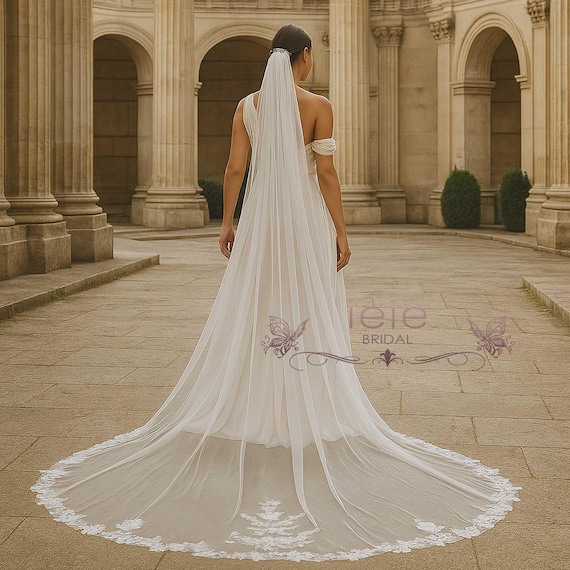 Cathedral Long Lace Wedding Veil With Sequins and Lace on  display picture 3