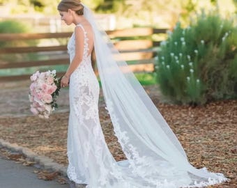 Cathedral Long Wedding Veil with Floral Lace at Train, Chapel Lace Wedding Veil VG2022