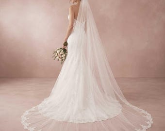 Long Cathedral Length Extra Wide Wedding Veil with Lace on Train | VG2006W