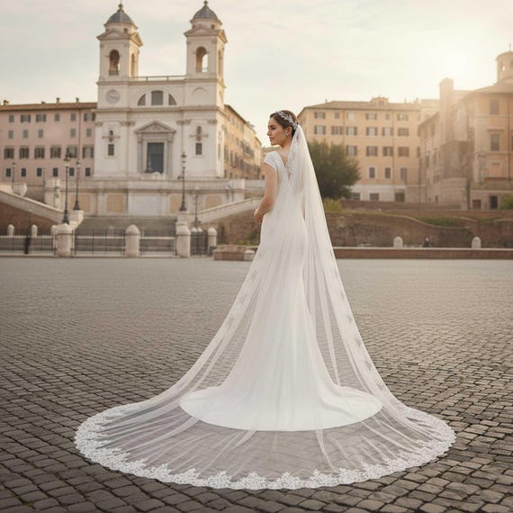 Cathedral Length Lace and Sequin Wedding Veil VG3040 Floral-Lace-with-Sequins-  main image 4