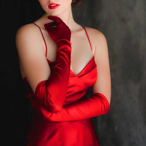 Long Red Satin Opera Gloves: Formal Events, Stage Costume Gloves