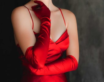 Red Satin Opera Length Gloves for Stage and Formal Red Carpet Events, Prom, Pageant AC1011