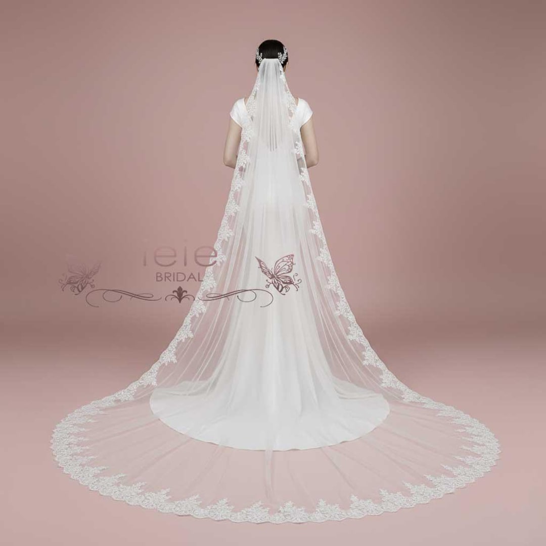 Cathedral Long Lace Wedding Veil With Sequins and Lace on  display picture 2